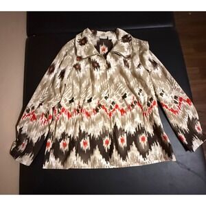 Chicos Zenergy Womens Full Zip Ikat Geometric Print Jacket Tan Red Size 2 L